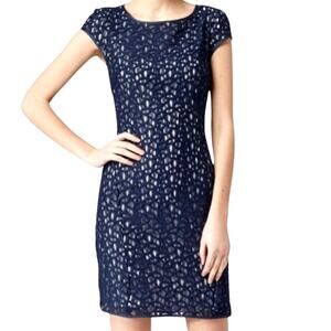 Reiss Navy Blue Lace Overlay Bodycon Mini Dress Short Sleeves Round Neck Sz 2-4*